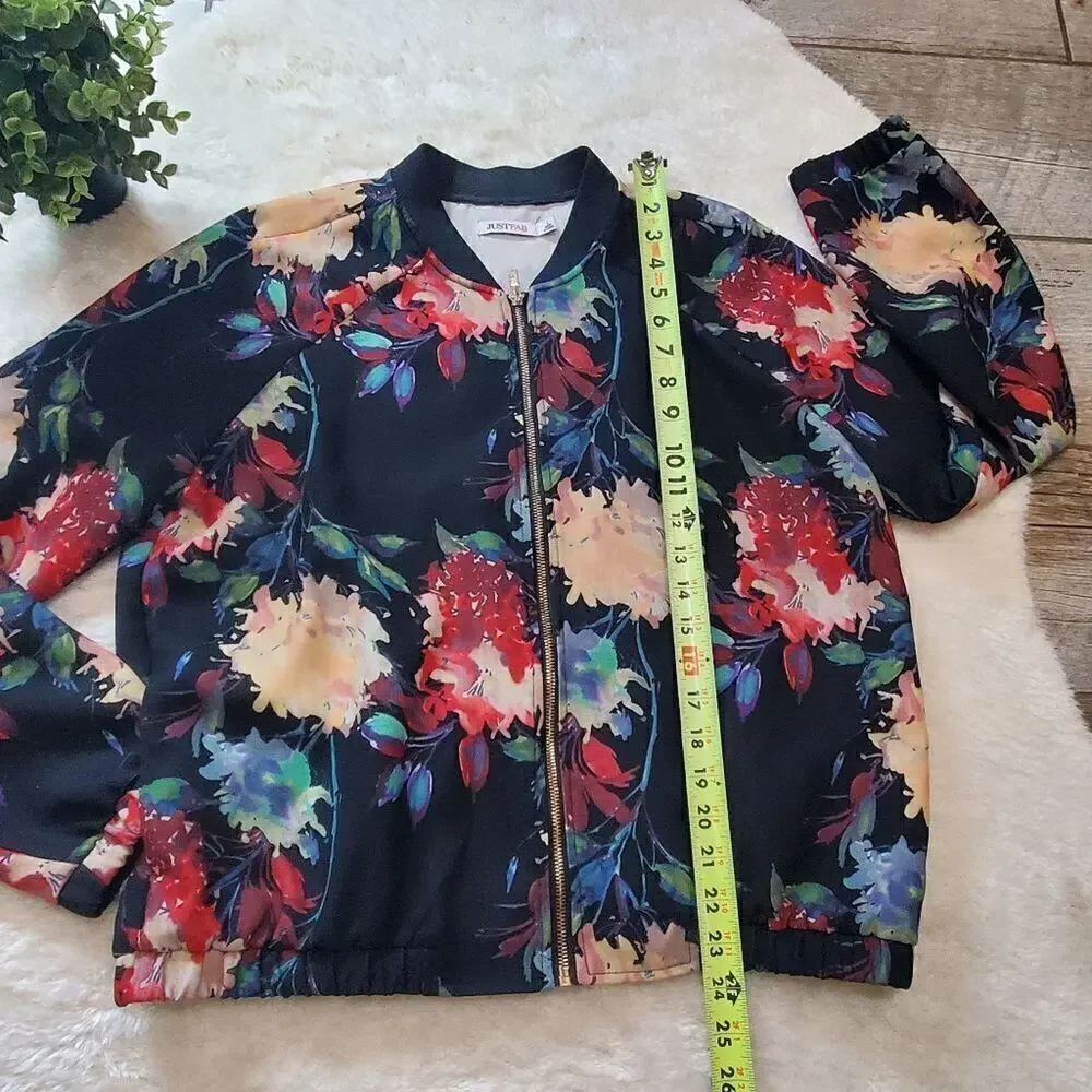 JustFab Black Floral Bomber Jacket, Size Large